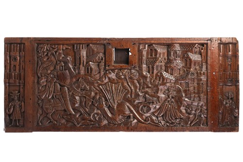 Lot 28 - A late Gothic boarded oak coffer front, carved...