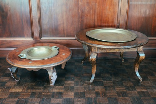 Lot 56 - A Middle Eastern brass brazier table, teak...