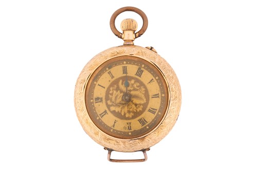 Lot 399 - A 14kt gold open-face fob lapel pocket watch,...
