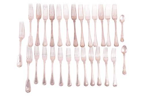 Lot 566 - A William IV silver set of twelve table forks...