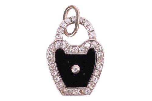 Lot 129 - An onyx and diamond padlock pendant, set with...
