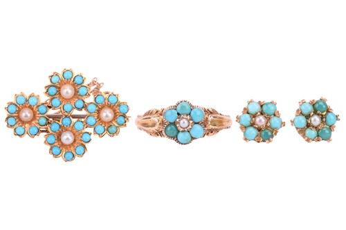 Lot 243 - A turquoise and seed pearl brooch, ring and...