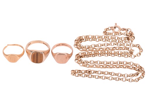 Lot 185 - Three gold signet rings and a belcher chain;...
