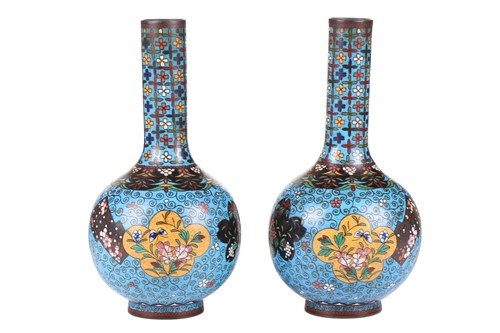 Lot 132 - A good pair of Japanese cloisonne bottle vases,...