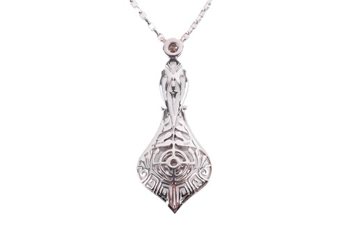 Lot 59 - A peacock feather diamond pendant and chain,...