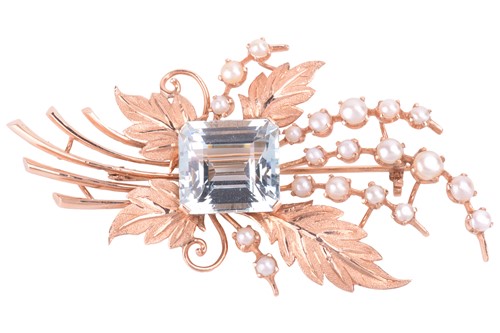 Lot 49 - An aquamarine and pearl spray foliage brooch...