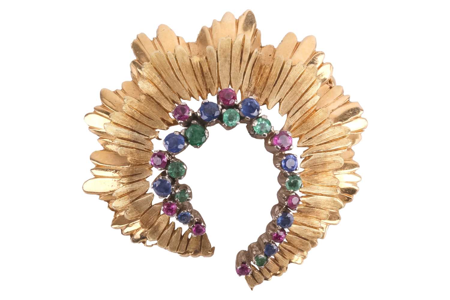 Lot 51 - A sapphire, ruby and emerald tiered swirl...