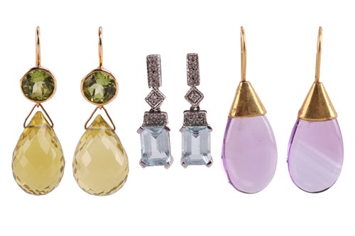 Lot 90 - Three pairs of gem-set drop earrings;...