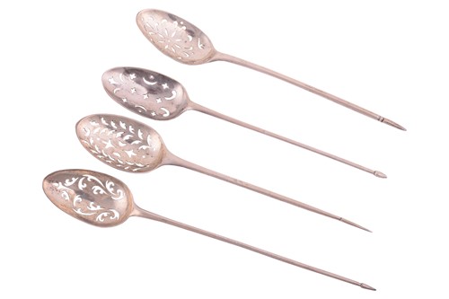 Lot 197 - Four silver mote spoons circa 1750, rat tail...