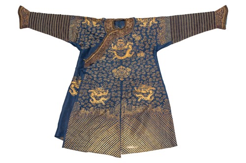 Lot 113 - A Chinese blue silk Jifu nine dragon...
