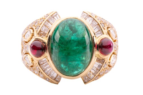 Lot 37 - An emerald, ruby and diamond dress ring,...