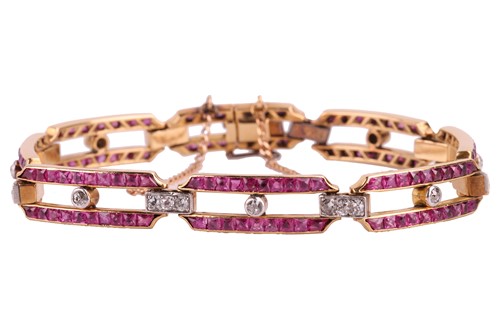 Lot 16 - A ruby and diamond bar link bracelet,...