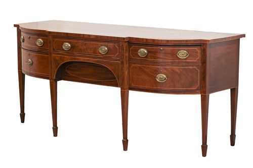 Lot 130 - A George III inlaid mahogany stepped bowfront...