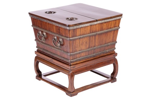 Lot 43 - A Chinese square section wooden cooler/ ice...