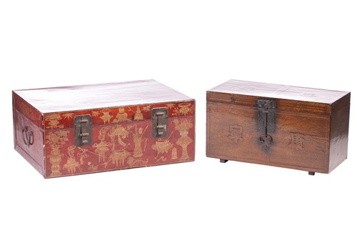 Lot 55 - A large Chinese lacquered and painted leather...