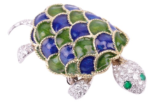 Lot 48 - A diamond and enamel tortoise brooch with...