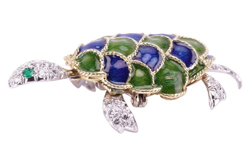 Lot 48 - A diamond and enamel tortoise brooch with...