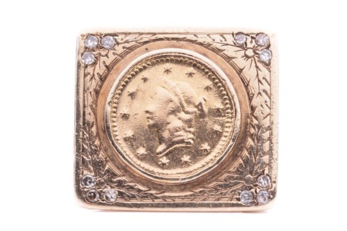 Lot 72 - A dress ring set with an American one dollar...
