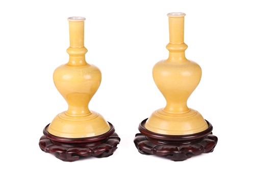 Lot 2 - A pair of Chinese yellow ground porcelain...