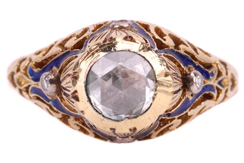 Lot 81 - A diamond and enamel ring, set to the centre...
