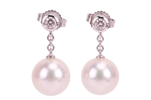 Lot 187 - A pair of Mikimoto pearl and diamond drop...