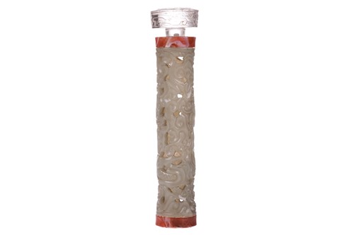 Lot 71 - A Chinese carved celadon jade cylindrical...