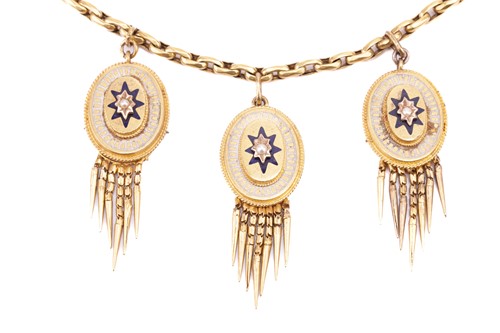 Lot 9 - A Victorian enamel fringe necklace, dangling...