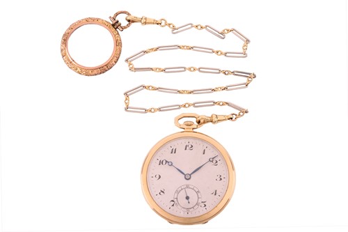 Lot 260 - An open-face 18ct gold pocket watch and chain,...