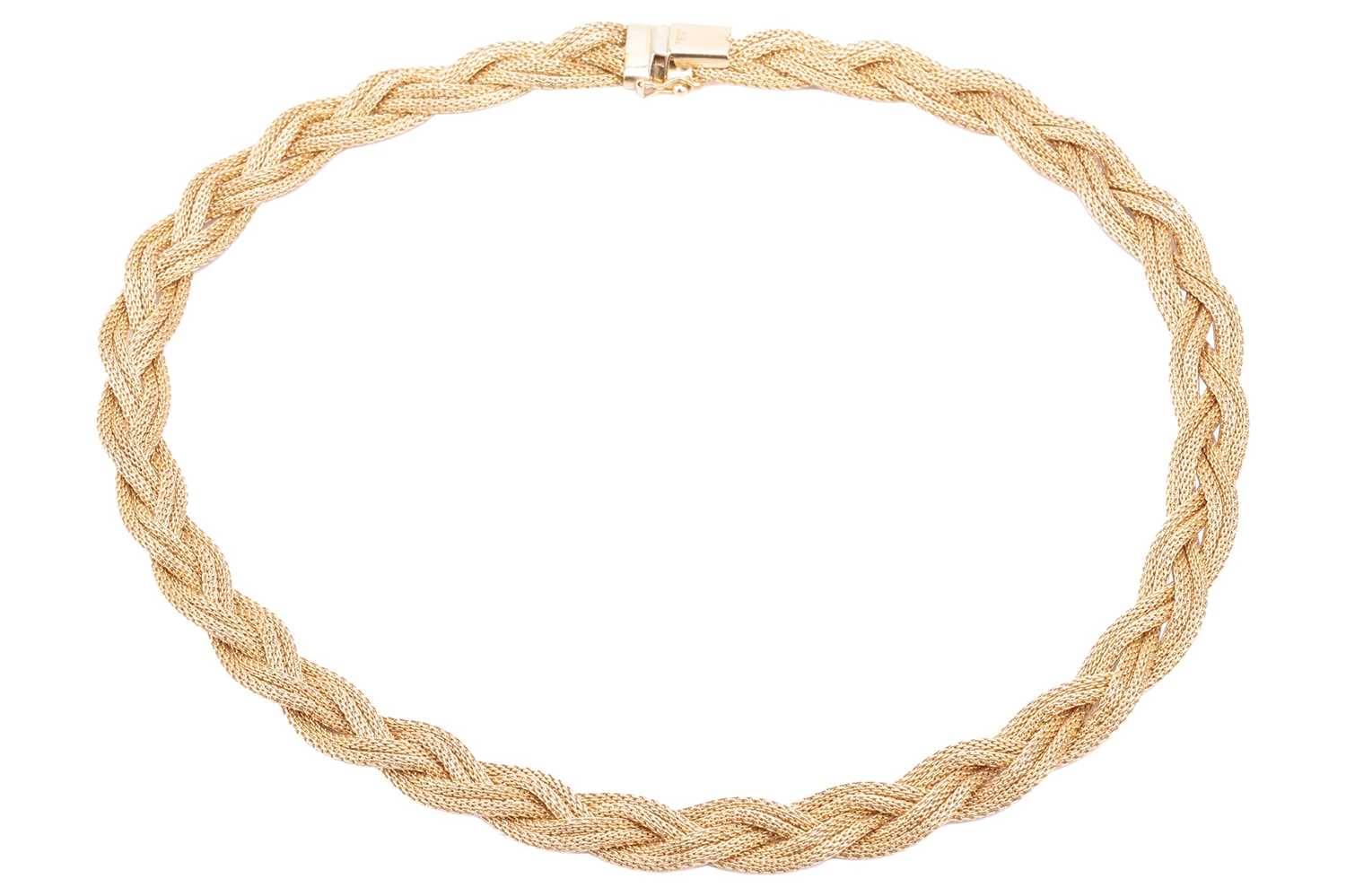 Lot 13 - A braided mesh necklace in 18ct yellow gold,...