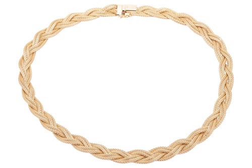 Lot 13 - A braided mesh necklace in 18ct yellow gold,...