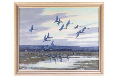Lot 17 - Peter Scott (1909 - 1989), Whooper swans over...