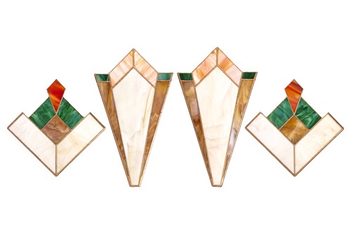 Lot 19 - Four Art Deco style coloured glass wall lights,...