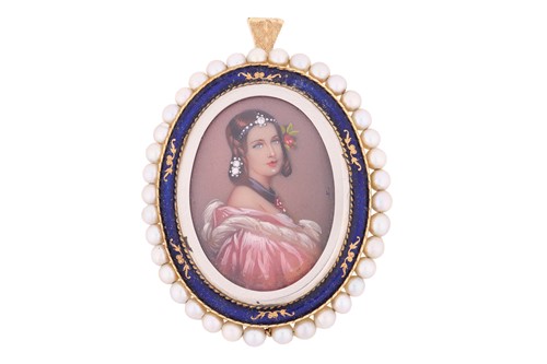 Lot 38 - A seed pearl and enamel portrait miniature...