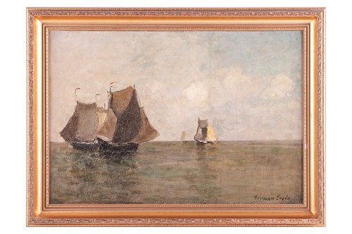 Lot 38 - German Grobe (1857-1938), seascape with boats,...