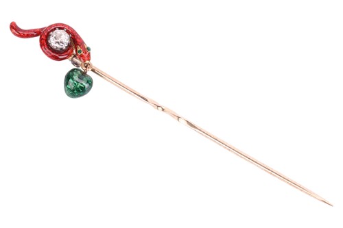 Lot 76 - An old cut diamond and enamel serpent stick...