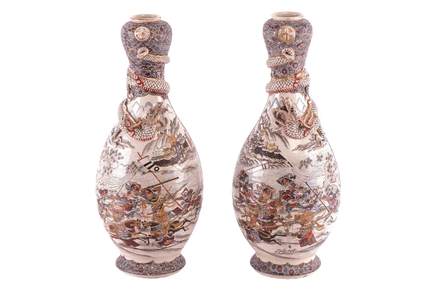Lot 62 - A large pair of Japanese Satsuma pottery...