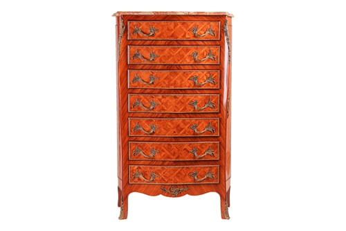 Lot 222 - A Louis XV style marble topped semainier chest,...