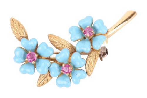 Lot 155 - A Victorian ruby and enamel flower brooch,...