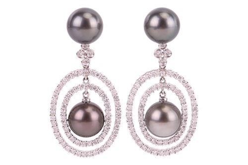 Lot 90 - A pair of Tahitian pearl and diamond drop...