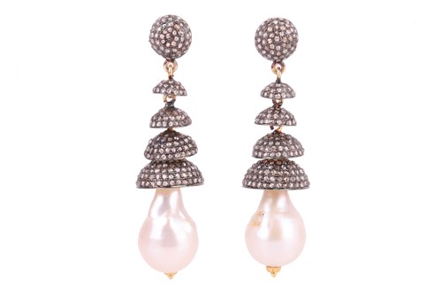 Lot 92 - A pair of pearl drop chandelier earrings, each...