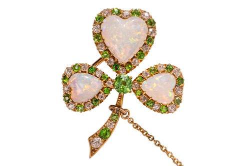 Lot 5 - A late Victorian shamrock brooch set with opal,...