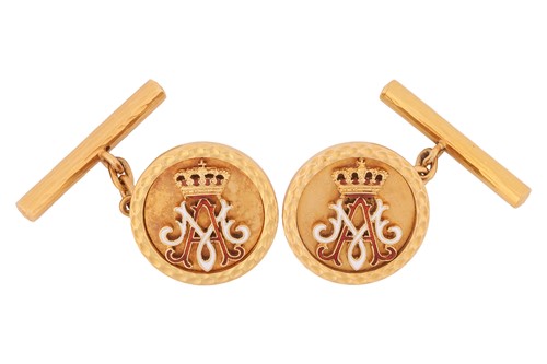 Lot 123 - A pair of 18ct gold and enamel cufflinks by...