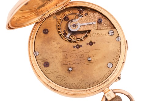 Lot 256 - An MJ Russell 18 carat open face pocket watch,...