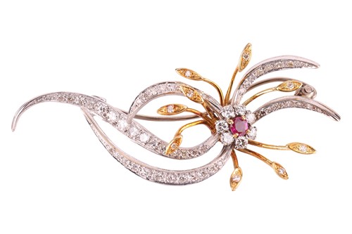 Lot 93 - A ruby and diamond spray brooch, comprising a...