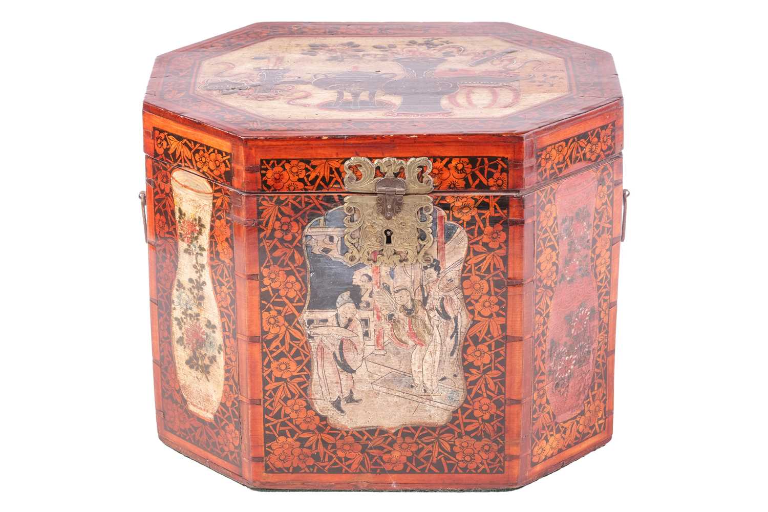Lot 68 - A Chinese lacquered softwood tea box of canted...