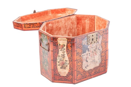 Lot 68 - A Chinese lacquered softwood tea box of canted...
