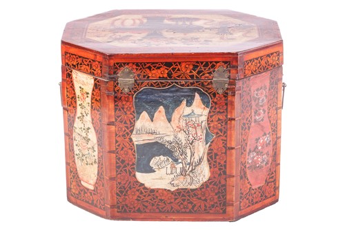 Lot 68 - A Chinese lacquered softwood tea box of canted...