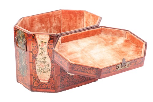 Lot 68 - A Chinese lacquered softwood tea box of canted...