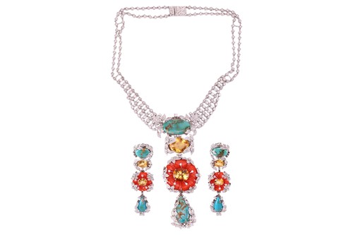 Lot 107 - A floral necklace and earrings ensuite set...