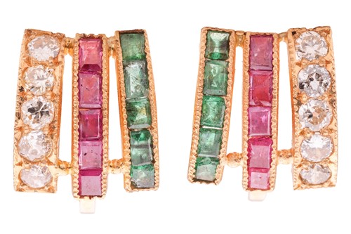 Lot 20 - A pair of gem-set curved earrings, the three...